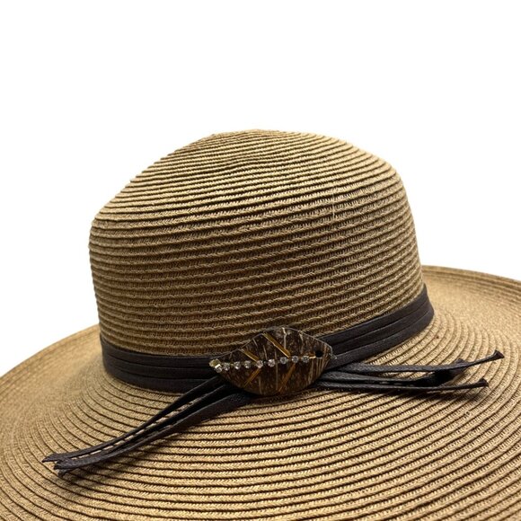 Cappelli Brown Wide Brim Straw Hat With Leaf Accent & Ribbon Band - Picture 3 of 9